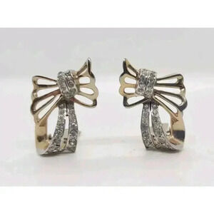 Vintage Earrings Gold Bows & Ribbons Rhinestone Clip Dimensional Holiday Gift